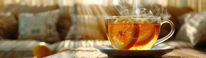 Warm and Inviting Cup of Steaming Hot Tea with Fresh Lemon Slices on a Cozy Sunlit Table Setting for a Relaxing Afternoon Beverage Experience in a Peaceful Home Environment