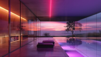 Modern villa with glass and wood sauna lit by colored LEDs and unoccupied