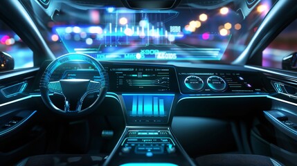 Obraz premium Autonomous car dashboard with HUD and hologram screens in a wide banner.