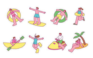Summer beachgoers are enjoying their vacation with leisure activities.  outline simple illustration.