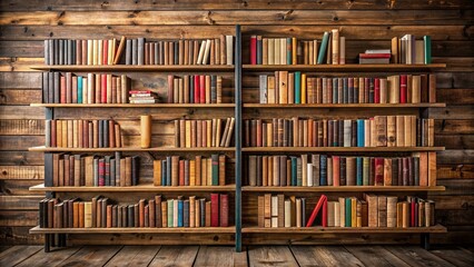 Books neatly arranged on rustic wooden shelves , library, reading, literature, education, knowledge, antique