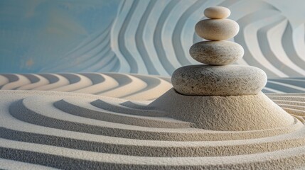 Stacked cubes, this tranquil spa art rests on the sand. Japanese style encourages feelings of calm and mindfulness. It invites viewers to experience a moment of calm.