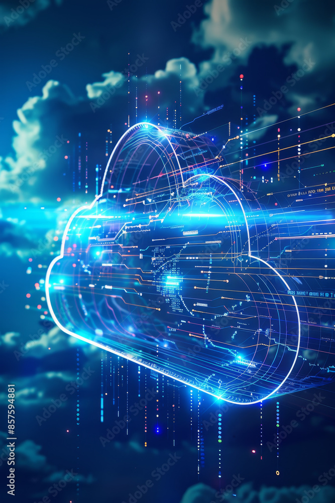 Poster futuristic virtual data pathways on bright blue background with digital elements
