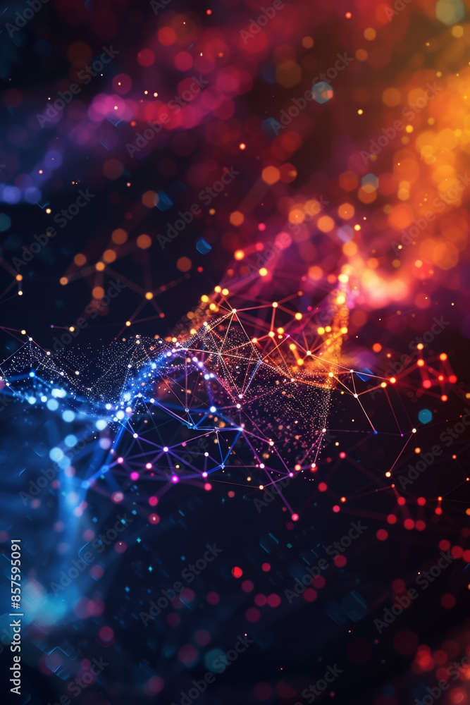 Poster intricate network visualization with vibrant colors on dark backdrop