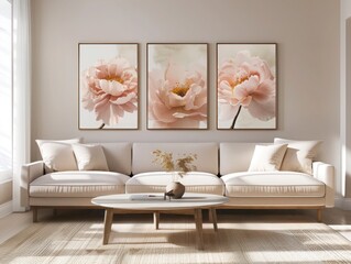 Pink Flower Prints Trio: Light Orange and Light Gold Style, Simple and Elegant for Living Room Decor