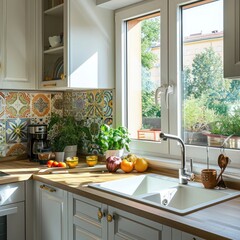 Stylish Small Kitchen Design: Wall Tile Pattern, Luxurious White Furniture, Wooden Counter, Sink near Window - Modern Home Decor