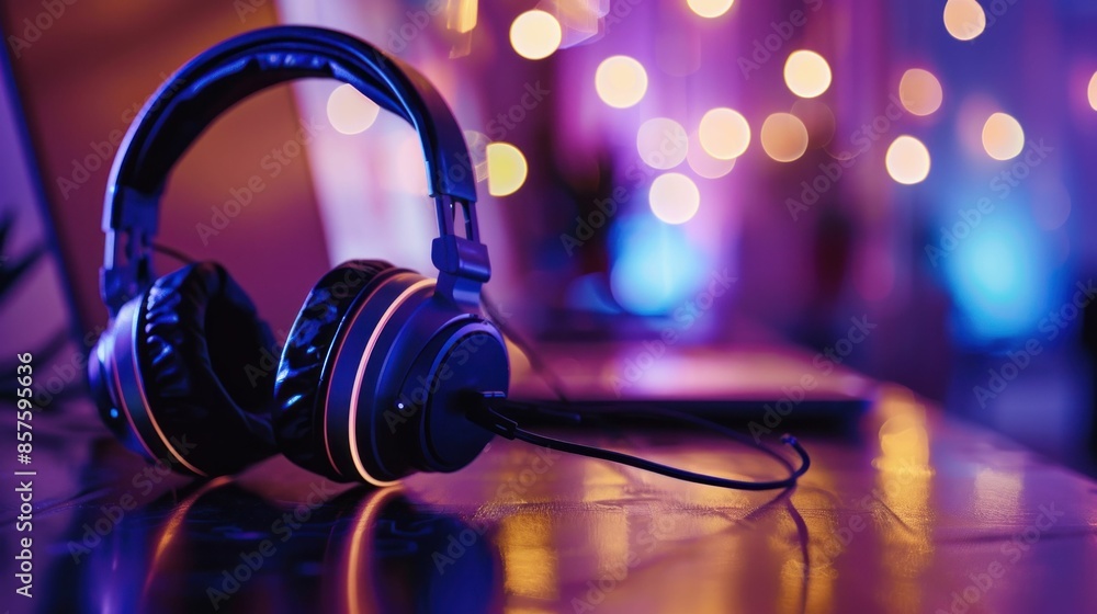 Poster headphones on table with computer screen and background lights for business work space concept