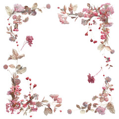 Pink dried flowers and leaves arranged in a frame on a transparent background. Overhead perspective with space for text