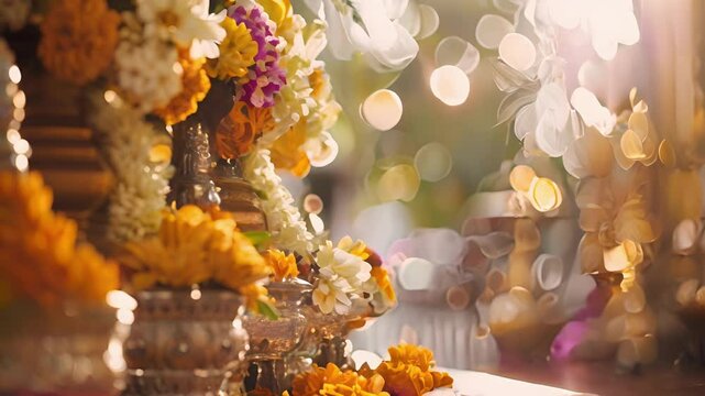 Hazy altar decorations and ornate religious symbols adding to the intricate beauty of the ceremony.
