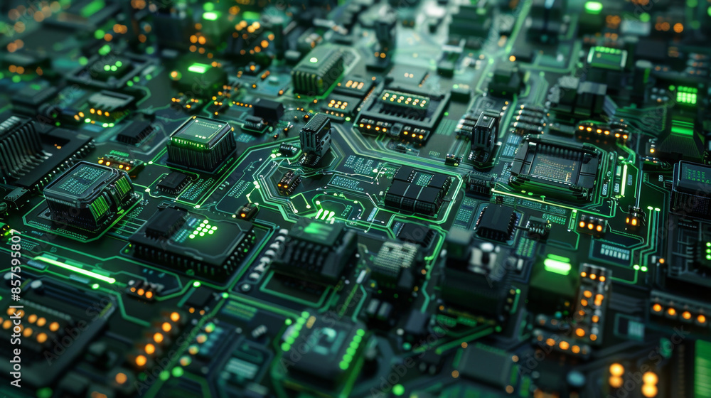 Poster high-tech green and blue circuit board with intricate pathways and components under soft lighting.
