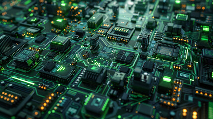 Obraz premium High-tech green and blue circuit board with intricate pathways and components under soft lighting.