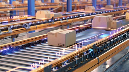 Fototapeta premium Conveyor belt in a warehouse distributes cardboard boxes for e-commerce.
