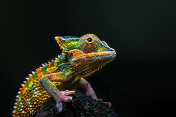 Colorful chameleon resting on wood in tranquil setting with dark background wildlife and nature concept