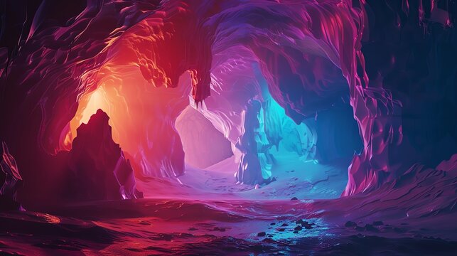 mystical cavern flat design, side view, fantasy theme, 3D render, splitcomplementary color scheme