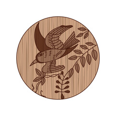 木彫り風円形花札　卯月　藤　不如帰　4月　藤に不如帰