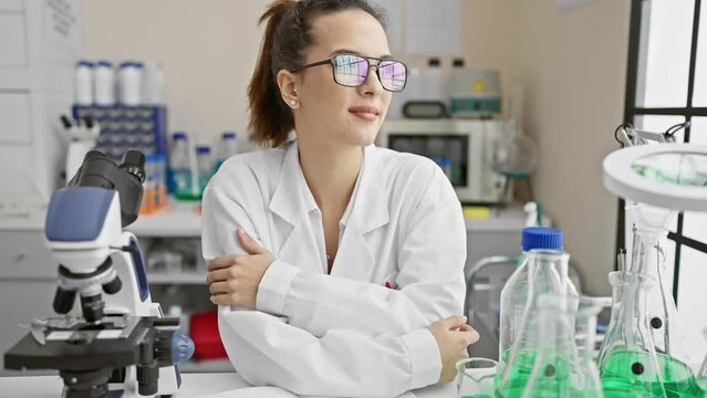 Young, joyful hispanic woman scientist in lab uniform hugging herself, radiating self love and positivity with her beautiful smile