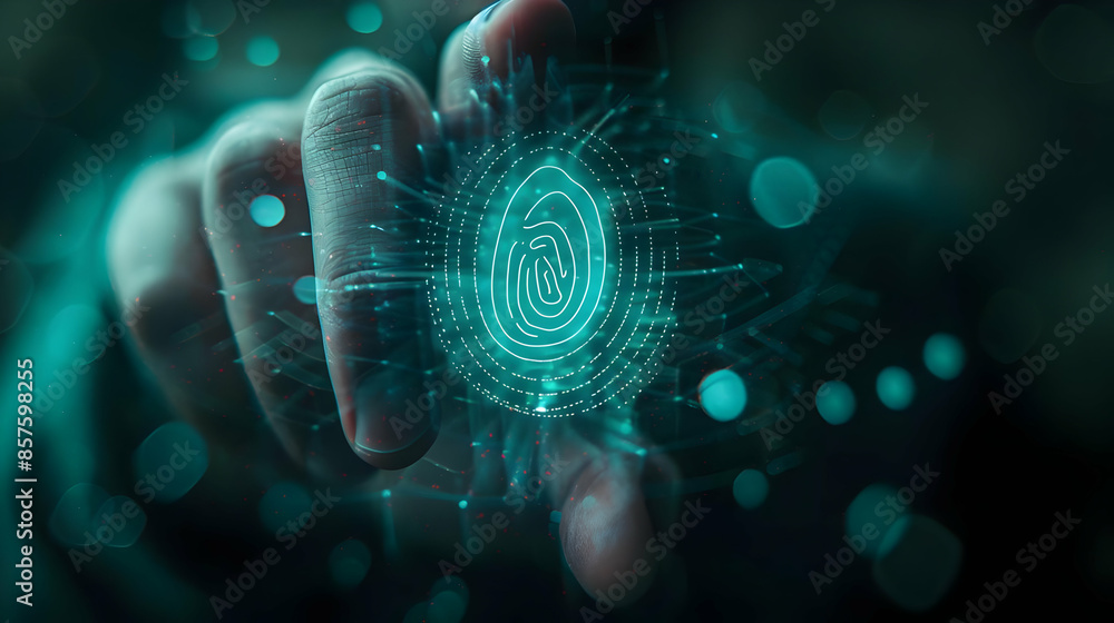 Poster a hand points at a glowing fingerprint symbol, representing digital security and authentication.