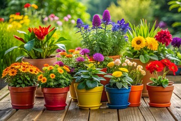 A Variety Of Colorful Flowers In Pots On A Wooden Deck.