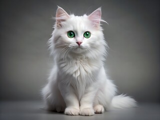 A Beautiful White Cat With Green Eyes Is Sitting On A Gray Background. The Cat Is Looking At The Camera With A Curious Expression.