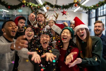 The office holiday celebration is filled with joy, happiness, and excitement as colleagues come together to embrace the festive spirit with confetti and laughter, making the season bright