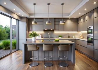 Modern kitchen interior with island, bar stools, and stainless steel appliances.