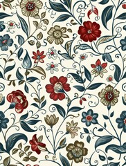 A floral patterned wallpaper with red flowers and green leaves