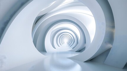 3. Design a futuristic spiral tunnel concept with dynamic twists and turns, tailored to produce a minimalist white background image that inspires curiosity.