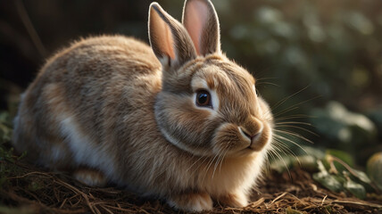 Fototapeta premium Close-up portrait of adorable rabbit isolated on wild nature background, ai generated images