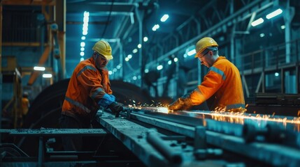 Two workers grind metal in a factory setting