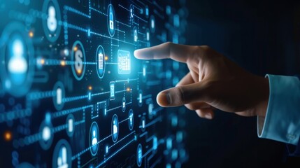 A hand is pointing at a screen with a blue background and a lot of people