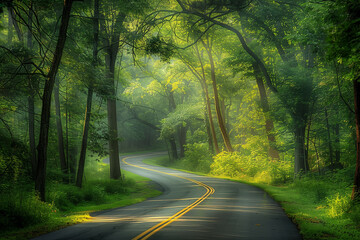 Obraz premium A Serene and Beautifully Lit Road Winding Through a Lush Green Forest on a Misty Morning