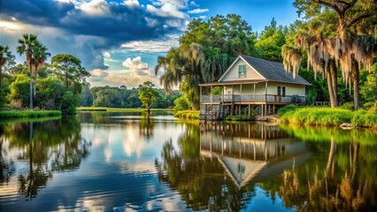 House nestled on the banks of a tranquil bayou , bayou, water, nature, house, peaceful, serene, Louisiana, swamp