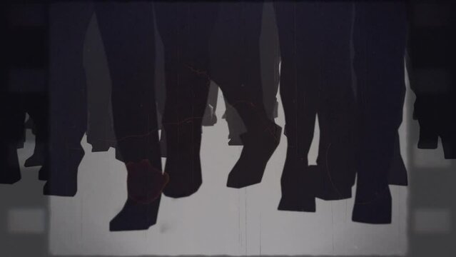 Crowd of people marching together. Crowd marching. Protestors marching. Many people marching together.
Group of people walking together. Civil rights.
3d animation with vintage filmic look