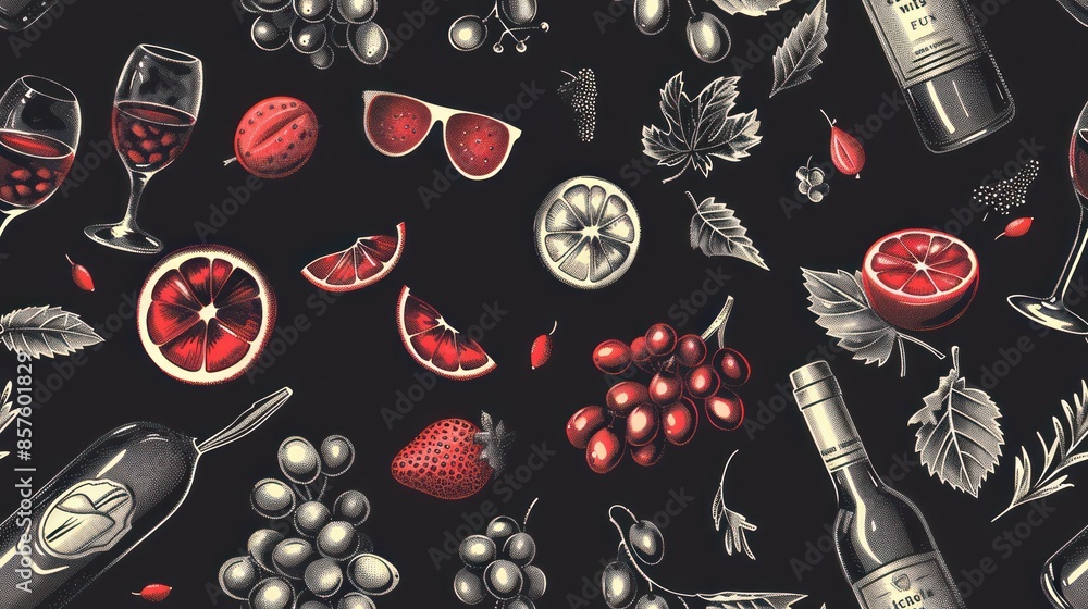 Wall mural Wine and Fruit Seamless Pattern - Wall murals