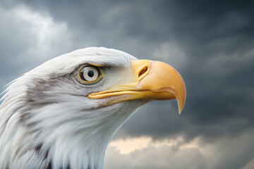 Fototapeta premium A close-up portrait of a bald eagle, symbolizing strength and freedom, with a dramatic sky in the background.