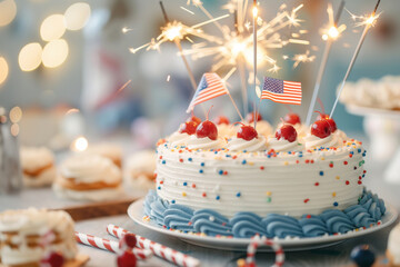 A close-up of a beautifully decorated Fourth of July cake with red, white, and blue icing, surrounded by sparklers and small American flags, captures the celebratory and inviting spirit of the holiday
