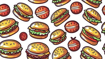 Cartoon Illustration of Burgers and Tomatoes Seamless Pattern