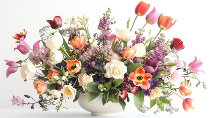 Bouquet of roses and various beautiful colorful flowers on a white background, wedding and romance decoration.
