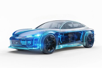 Hydrogen fuel cell car, advanced vehicle tech, 3D realistic, isolated on white background