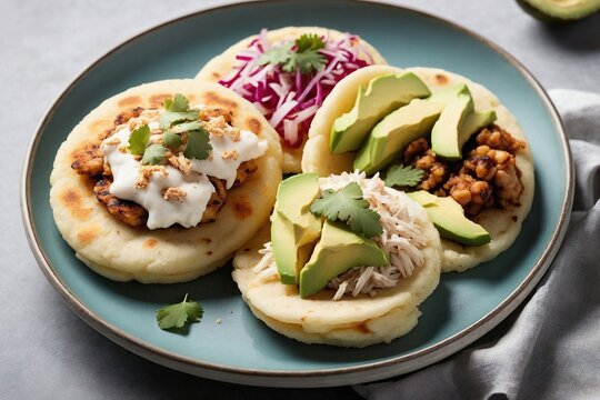 Colombian Cuisine Arepas: an overhead view of a minimalist arepas presentation.