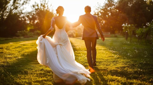 bride and groom walking in field