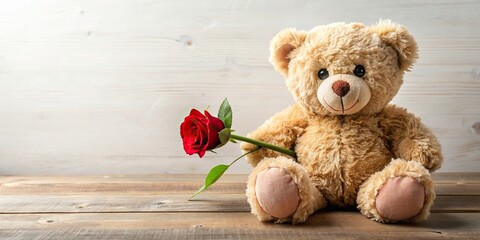Teddy bear holding a red rose, Valentine's Day, romance, love, gift, plush toy, cute, anniversary, surprise, heart