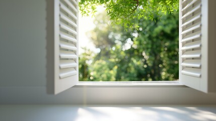 A white louvered window is open, allowing a glimpse of a bright sunny day with lush green trees visible through the open window. © Pro Hi-Res