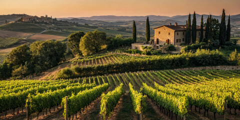 Beautiful vineyard in Tuscany at sunset	