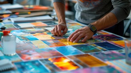 Obraz premium A designer meticulously working on a colorful collage, arranging various photos and images on a large table, highlighting the creative process in action.