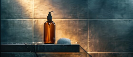 A bottle of shampoo on a shower shelf, with lathered hair in the background