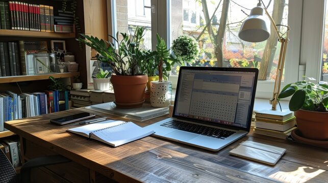 A desk setup with a planner and a laptop, ready for the day's planning session