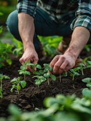 A gardener carefully planting young seedlings in neatly prepared soil, showcasing the beginning of a lush and thriving garden