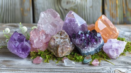 New age collection of healing crystals like amethyst, rose quartz, and obsidian on a wooden surface