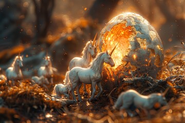 Obraz premium a lot of unicorns majestically emerge from a shimmering golden egg, marking the enchanting birth of this mythical creature.